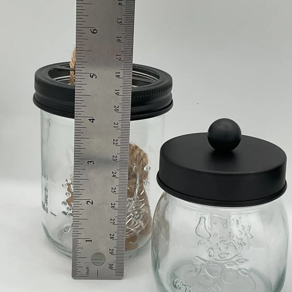 mason jar bathroom accessories with a sheet of labels for organization